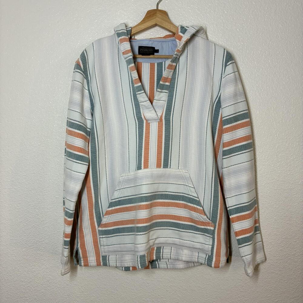 Pendleton Hoodie Womens Small Blue Striped Knit Pullover Baja Kangaroo Pocket